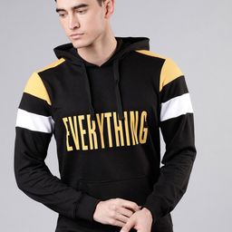 LOCOMOTIVE Men Black & Mustard Solid Hooded Sweatshirt-image-93