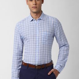 Peter England Elite Men White & Blue Slim Fit Checked Formal Shirt-image-76