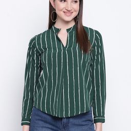 Mayra Green & White Striped Mandarin Collar Crepe Cuffed Sleeves Regular Top-picture-31