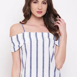 Mayra White & Navy Blue Striped Cold-Shoulder Sleeves Crepe Bardot Top-picture-8