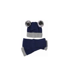 Yellow Bee Boys Navy Blue & Grey Colourblocked Beanie with Scarf-52