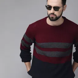 The Roadster Lifestyle Co Men Maroon & Black Colourblocked Acrylic Sweater-image-66