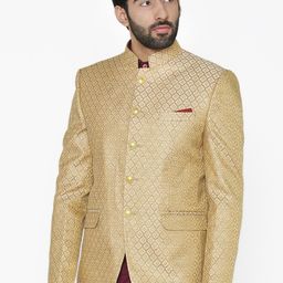 Wintage Men Beige Self-Design Tailored Fit Bandhgala Blazer-image-74