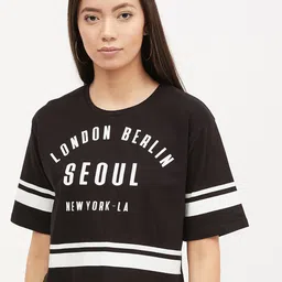 Harpa Women Black  White Printed Round Neck Crop Pure Cotton T-shirt-image-40