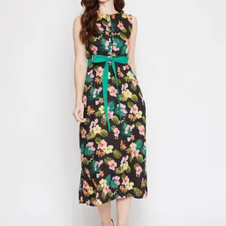 WineRed Women Black Printed A-line Dress-image-28