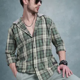 The Roadster Life Co. Tartan Checks Pure Cotton Hooded Relaxed Fit Shirt-image-75