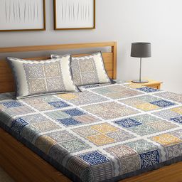 Rajasthan Decor White & Blue 144 TC Jaipuri Cotton 1 King Bedsheet with 2 Pillow Covers-image-34