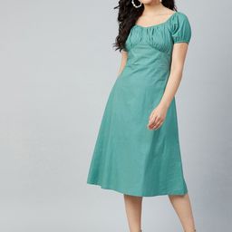 Athena Women Teal Solid Cotton A-Line Dress-image-69