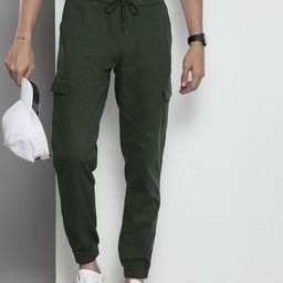 The Indian Garage Co Men Olive Green Slim Fit Pure Cotton Cargos Joggers-image-25
