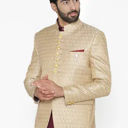 Wintage Men Beige Self-Design Tailored Fit Bandhgala Blazer-14