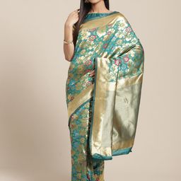 Saree mall Teal Blue & Gold-Toned Floral Zari Silk Blend Banarasi Sarees-picture-38