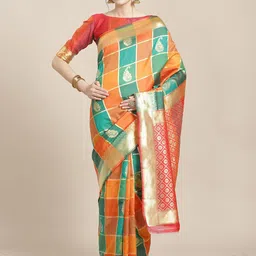 Saree mall Green & Orange Checked Zari Silk Blend Banarasi Sarees-image-55