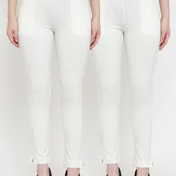 TAG 7 Women Pack Of 2 Off-White Solid Ankle-Length Straight-Fit Leggings-image-77