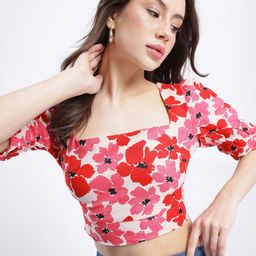 Stylecast X Hersheinbox Printed Square Neck Puff Sleeves Cut-Outs & Tie Up Detail Crop Top-image-52