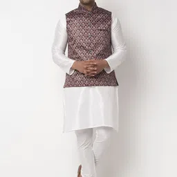 Benstoke Men White & Brown Solid Kurta with Churidar & Nehru Jacket-image-91