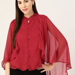 Antheaa Self Design Mandarin Collar Chiffon A-Line Top-image-93