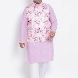 Hangup Men Purple & White Solid Kurta with Pyjamas With Nehru Jacket-38