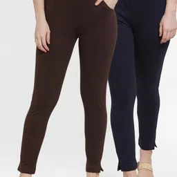 TAG 7 Women Pack Of 2 Navy Blue & Brown Solid Ankle-Length Leggings-image-37
