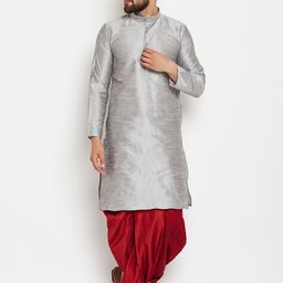 SOJANYA Men Grey & Maroon Solid Kurta with Dhoti Pants-picture-24
