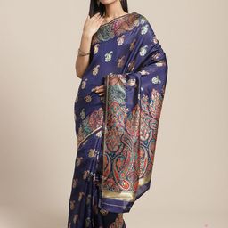 Saree mall Navy Blue Paisley Zari Silk Blend Banarasi Sarees-image-92