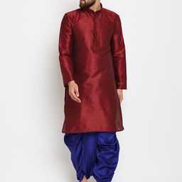 SOJANYA Men Maroon & Blue Solid Kurta with Dhoti Pants-picture-15