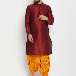 SOJANYA Men Maroon & Mustard Solid Kurta with Dhoti Pants-picture-4