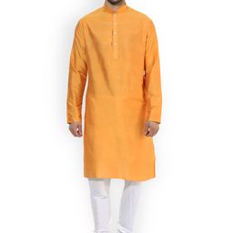 KISAH Men Yellow & White Solid Kurta with Churidar-image-32