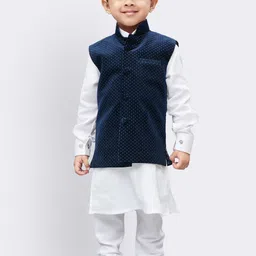 JBN Creation Boys White & Navy Blue Solid Kurta with Churidar and Jacket-22