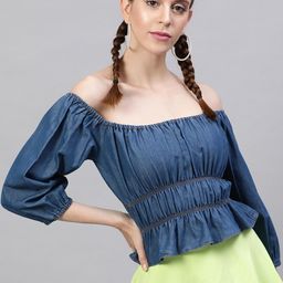 STREET 9 Navy Blue Solid Off-Shoulder Puff Sleeves Indigo Pure Cotton Denim Bardot Top-image-93