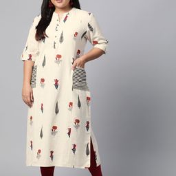 Divena Women Off-White & Red Panelled Floral Printed Straight Kurta-40