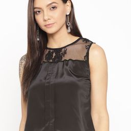 Porsorte Women Black Solid Semi-Sheer Satin Finish Top-picture-0
