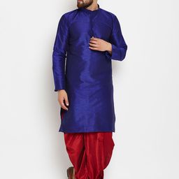 SOJANYA Men Blue & Maroon Solid Kurta with Dhoti Pants-picture-9