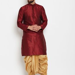 SOJANYA Men Maroon & Gold-Toned Solid Kurta with Dhoti Pants-19