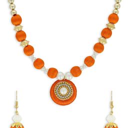 AKSHARA Gold-Plated Orange & White Stone-Studded & Beaded Handcrafted Jewellery Set-image-101