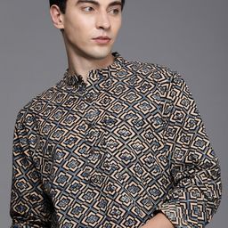 Fabindia Men Off White & Black Printed Slim Fit Mandarian Collar Pure Cotton Kurta-image-32