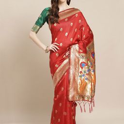 Saree mall Maroon & GoldEthni c Motifs Zari Silk Blend Banarasi Sarees-image-23