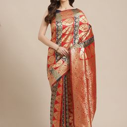 Saree mall Red & Gold-Toned Woven Design Zari Silk Blend Banarasi Sarees-image-75
