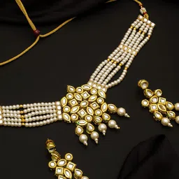 Aadita Gold-Plated White Kundan Studded Beaded Handcrafted Jewellery Set-picture-24