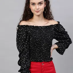 STREET 9 Black & White Polka Dot Print Off-Shoulder Smocked Monochrome Bardot Top-picture-13