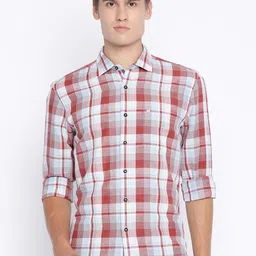 Basics Men Orange & White Slim Fit Checked Linen Casual Shirt-image-63