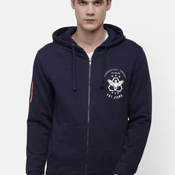 Voi Jeans Men Navy Blue Printed Hooded Sweatshirt-image-61