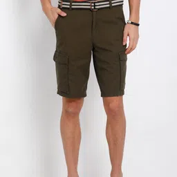 t-base Men Olive Green Solid Regular Fit Cargo Shorts-image-35