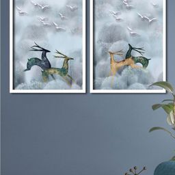 Art Street Set Of 2 Whte & Green Deers Framed Canvas Wall Art-48
