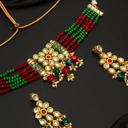aadita Women Gold-Toned & Red Kundan Studded Beaded Jewellery Set-image-74