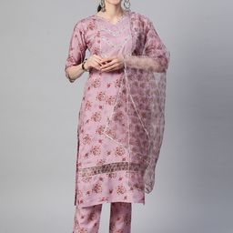 RAJGRANTH Women Pink Floral Embroidered Gotta Patti Silk Chiffon Kurta with Trousers & With Dupatta-10