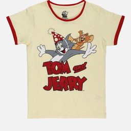 Kids Ville Tom & Jerry Featured Girls Cream-Coloured & Maroon Print Cotton T-shirt-image-53