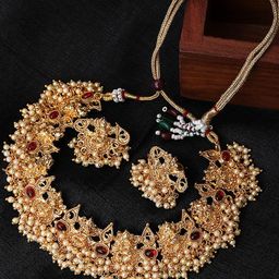 Yellow Chimes Gold-Plated Red & Off- White Stone-Studded & Pearl Beaded Jewellery Set-37