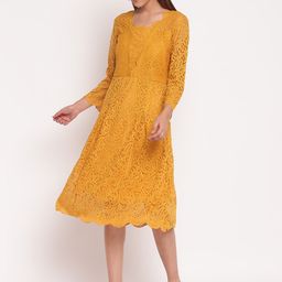 AKIMIA Women Mustard Yellow Self Design Scalloped Lace Fit & Flare Dress-picture-22