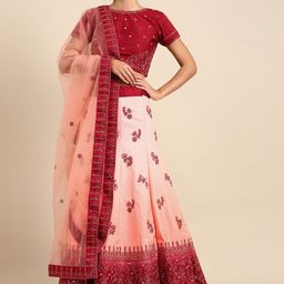 Shaily Peach-Coloured & Maroon Mirror Work Semi-Stitched Lehenga & Unstitched Blouse-5