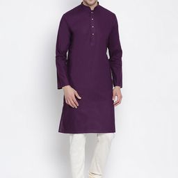 VASTRAMAY Men Purple & Cream-Coloured Solid Kurta with Churidar-49